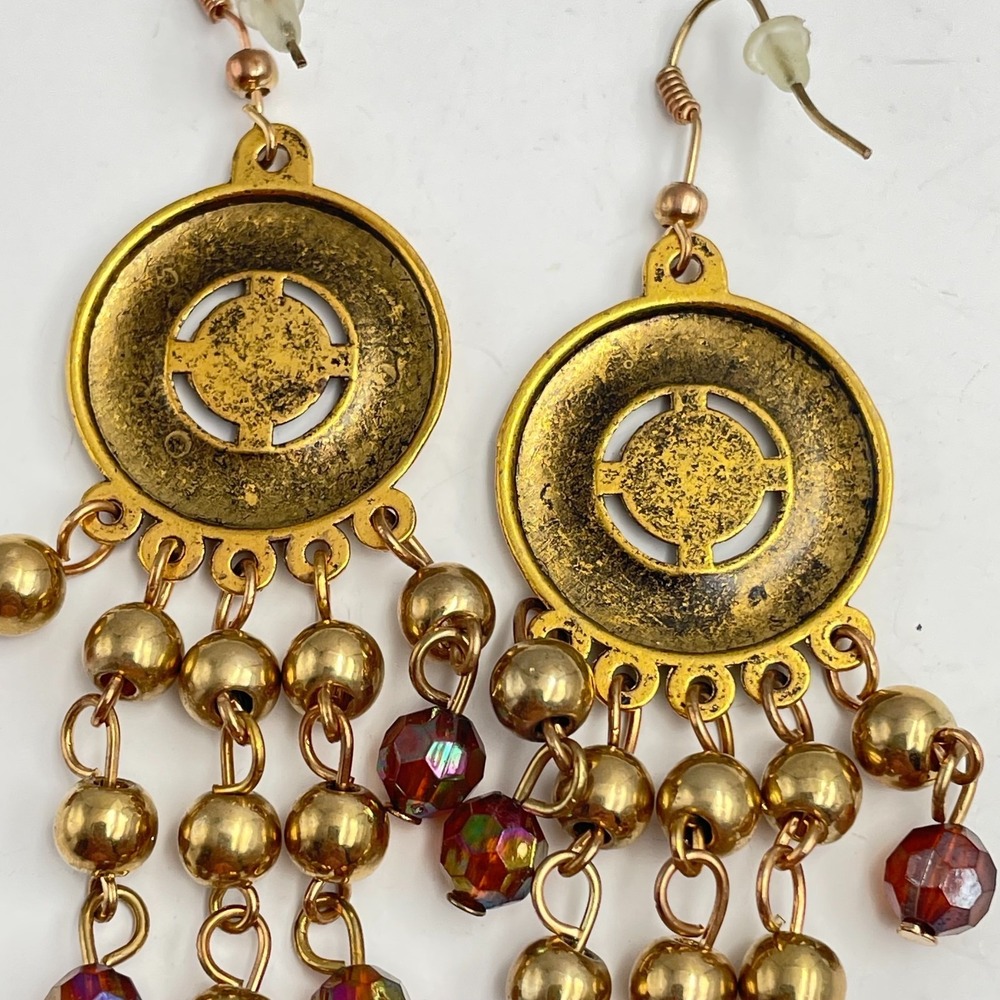 Vintage 90s Gold Tone Aztec Sun Dangle Earrings Iridescent Glass Chandelier Boho - Picture 5 of 6
